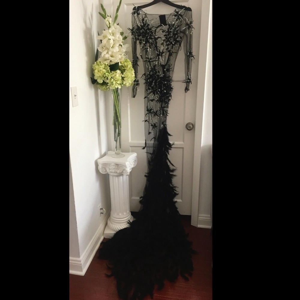 BLACK REAL FEATHER BEADED EMBELLISHED GOWN DRESS